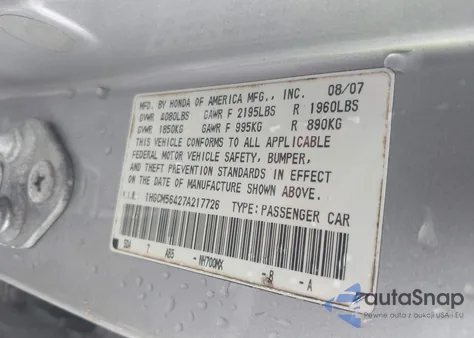 2007 Honda Accord 2.4 Lx from USA, damaged, VIN 1HGCM56427A217726
